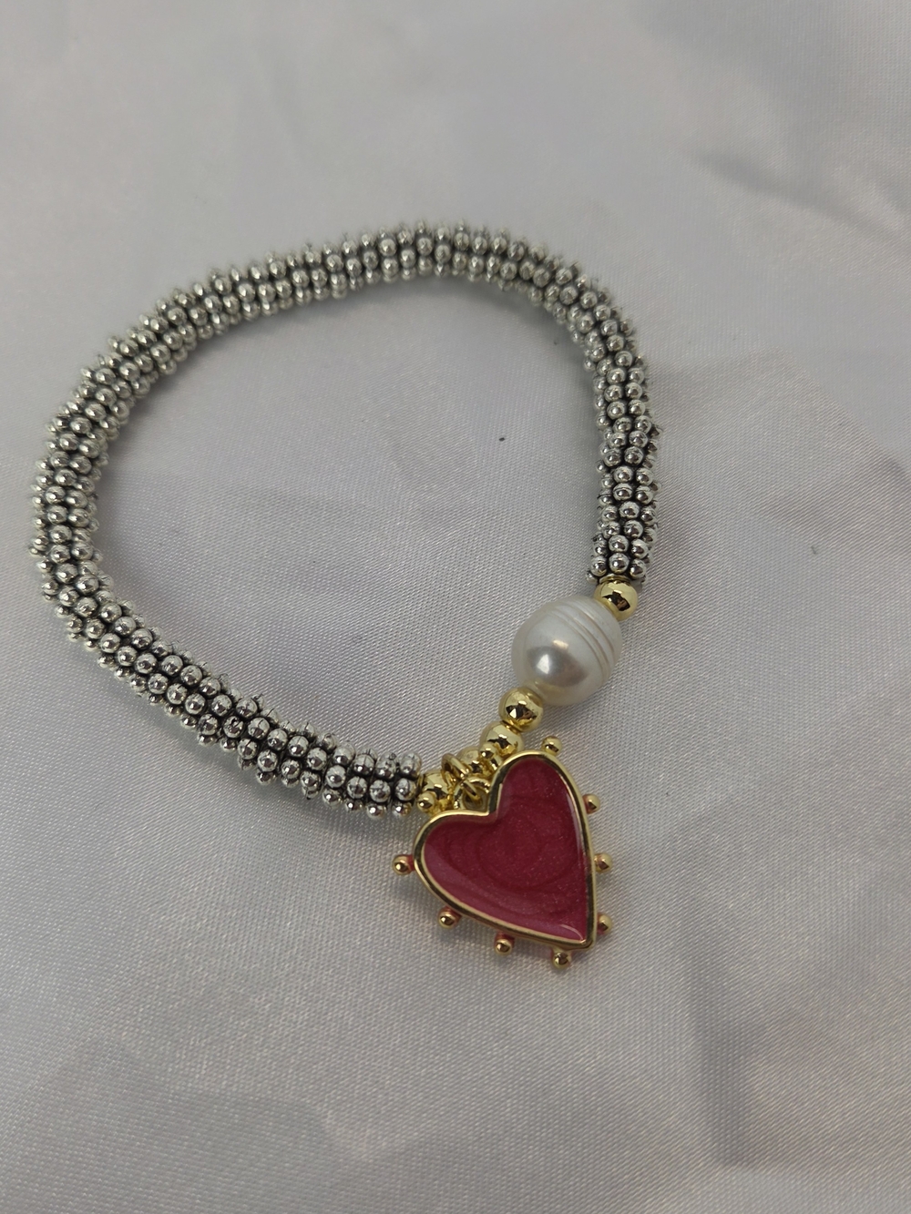 Silver Beaded Bracelet with Pink Heart Charm and Pearl Accent